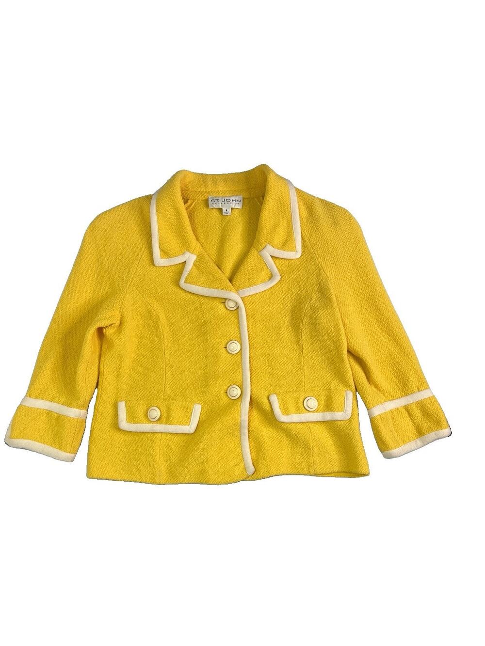 VTG St. John Collection Knit Yellow Blazer Button Jacket Wool Notched Lapel Sz 8